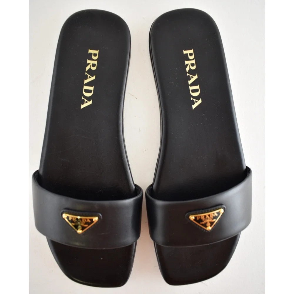 Prada Ciabatte Black Leather Gold Triangle Logo Slide Mule Flat Sandal 36